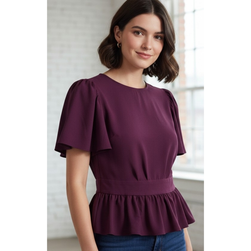 Express Factory Back Zip Tulip Sleeve Blouse Burgundy Size S